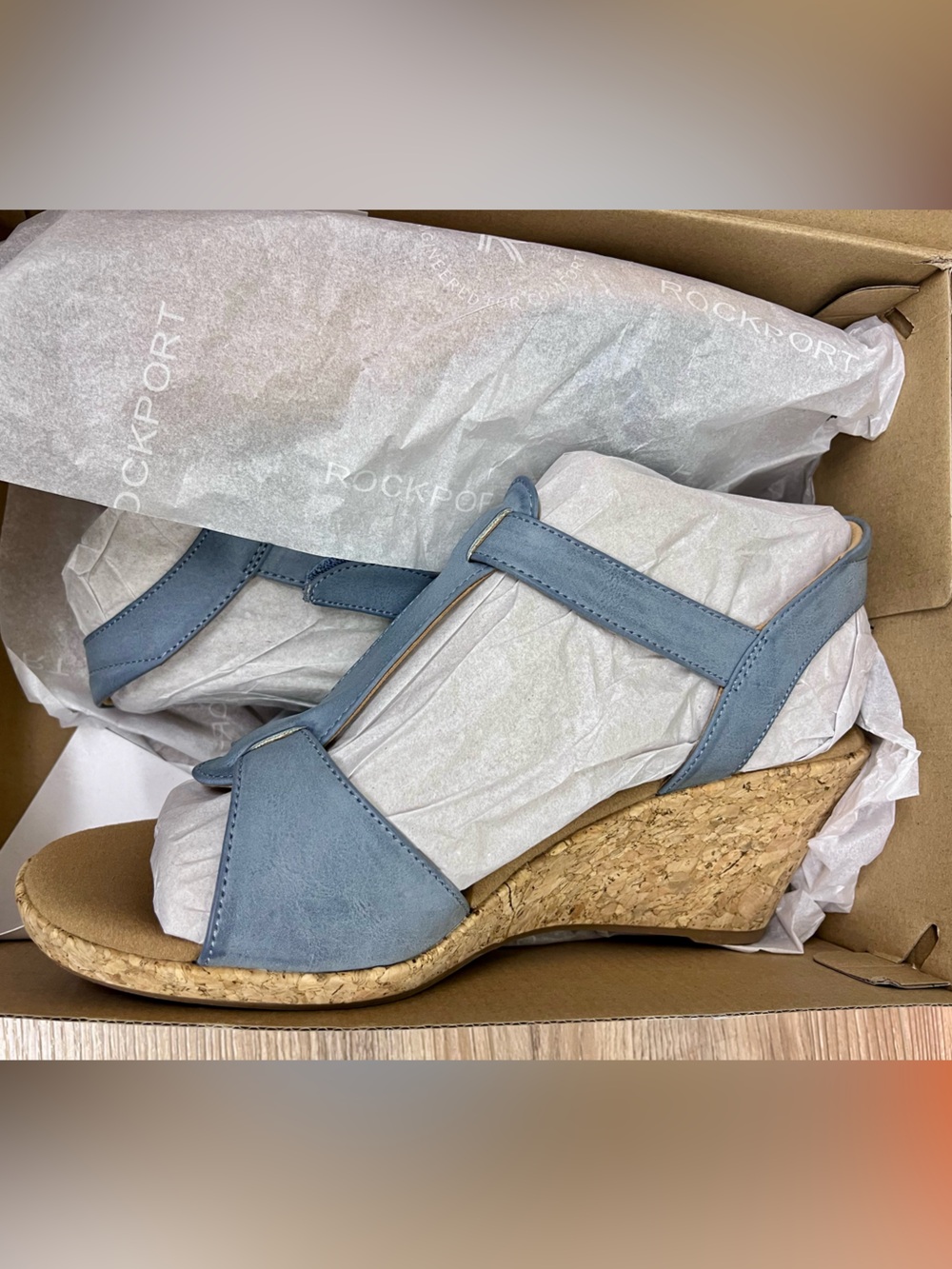 Rockport NEW Blanca T-Strap Blue cork Wedge Sandals Size 10